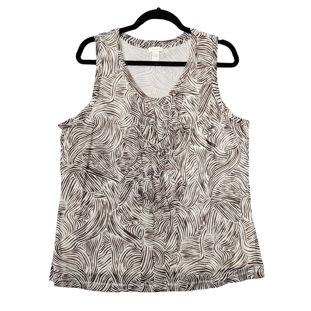 CHICOS White Sheer Abstract Ruffle Front Sleeveless Top SIZE 3 US XL 16